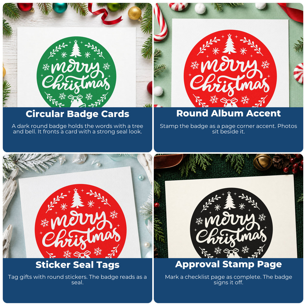 Four ways to use the Merry Christmas Round Botanical Emblem Self-Inking Stamp: circular badge cards, round album accent, sticker seal tags and approval stamp page.