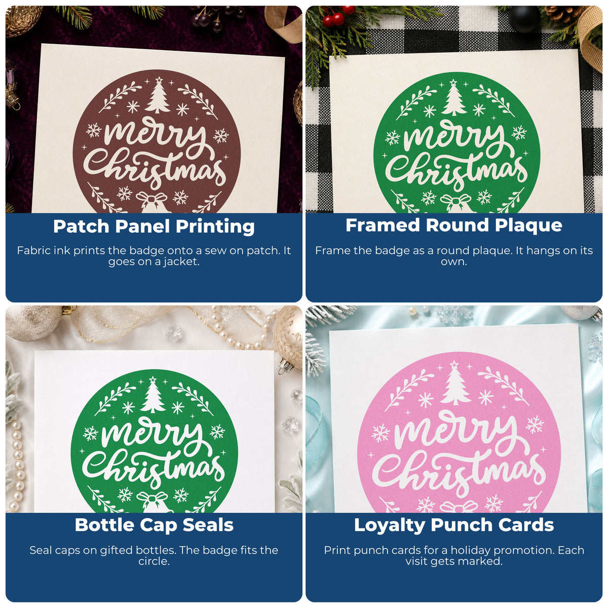 Four ways to use the Merry Christmas Round Botanical Emblem Self-Inking Stamp: patch panel printing, framed round plaque, bottle cap seals and loyalty punch cards.