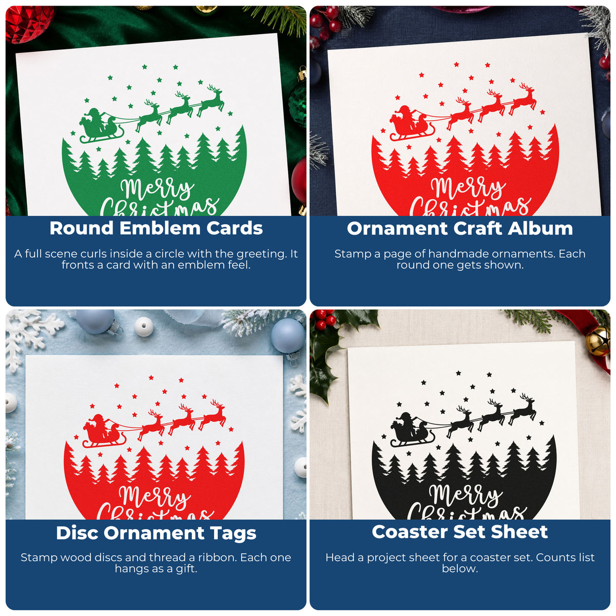 Four ways to use the Merry Christmas Sleigh Forest Circle Reindeer Rubber Stamp – Duo Hand: round emblem cards, ornament craft album, disc ornament tags and coaster set sheet.