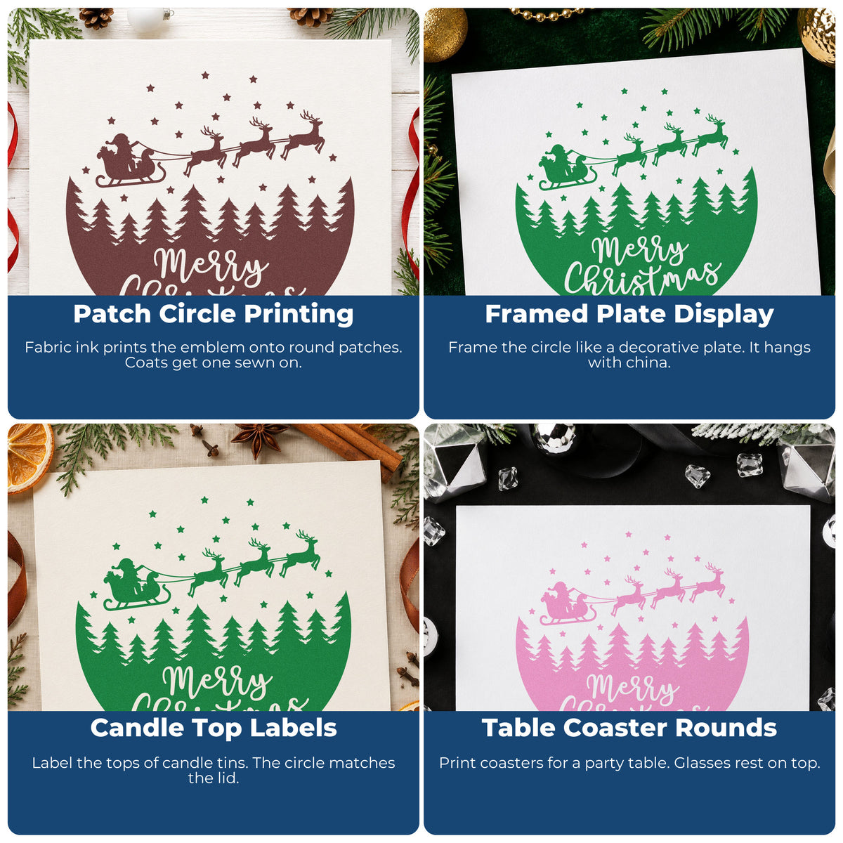 Four ways to use the Merry Christmas Sleigh Forest Circle Reindeer Rubber Stamp – Duo Hand: patch circle printing, framed plate display, candle top labels and table coaster rounds.