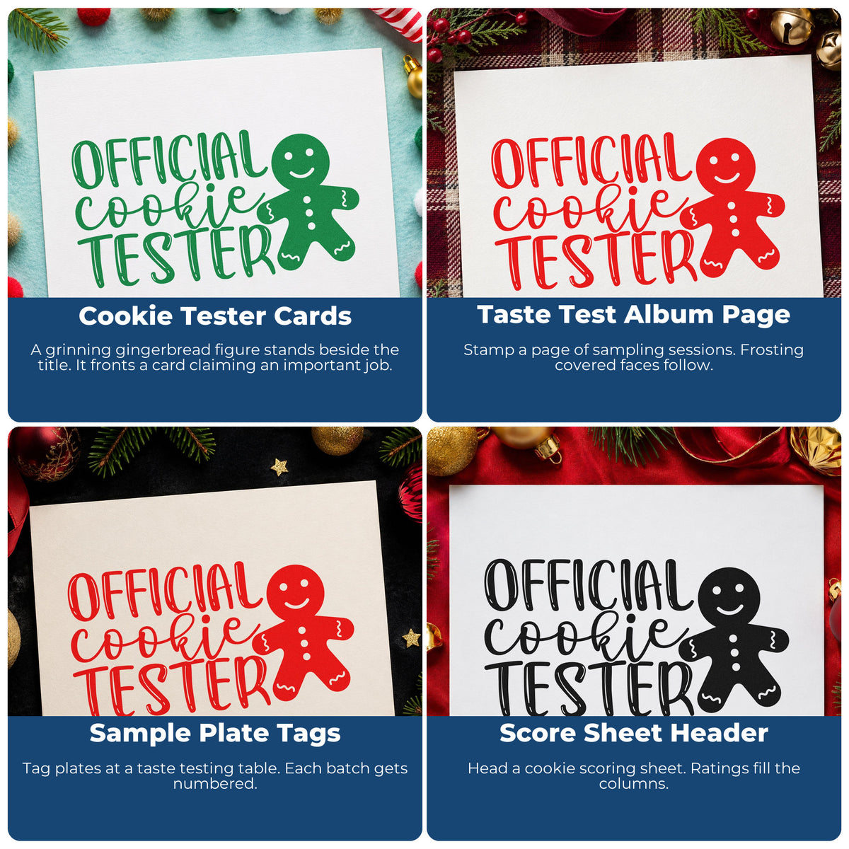 Four ways to use the Official Cookie Tester Self-Inking Stamp: cookie tester cards, taste test album page, sample plate tags and score sheet header.