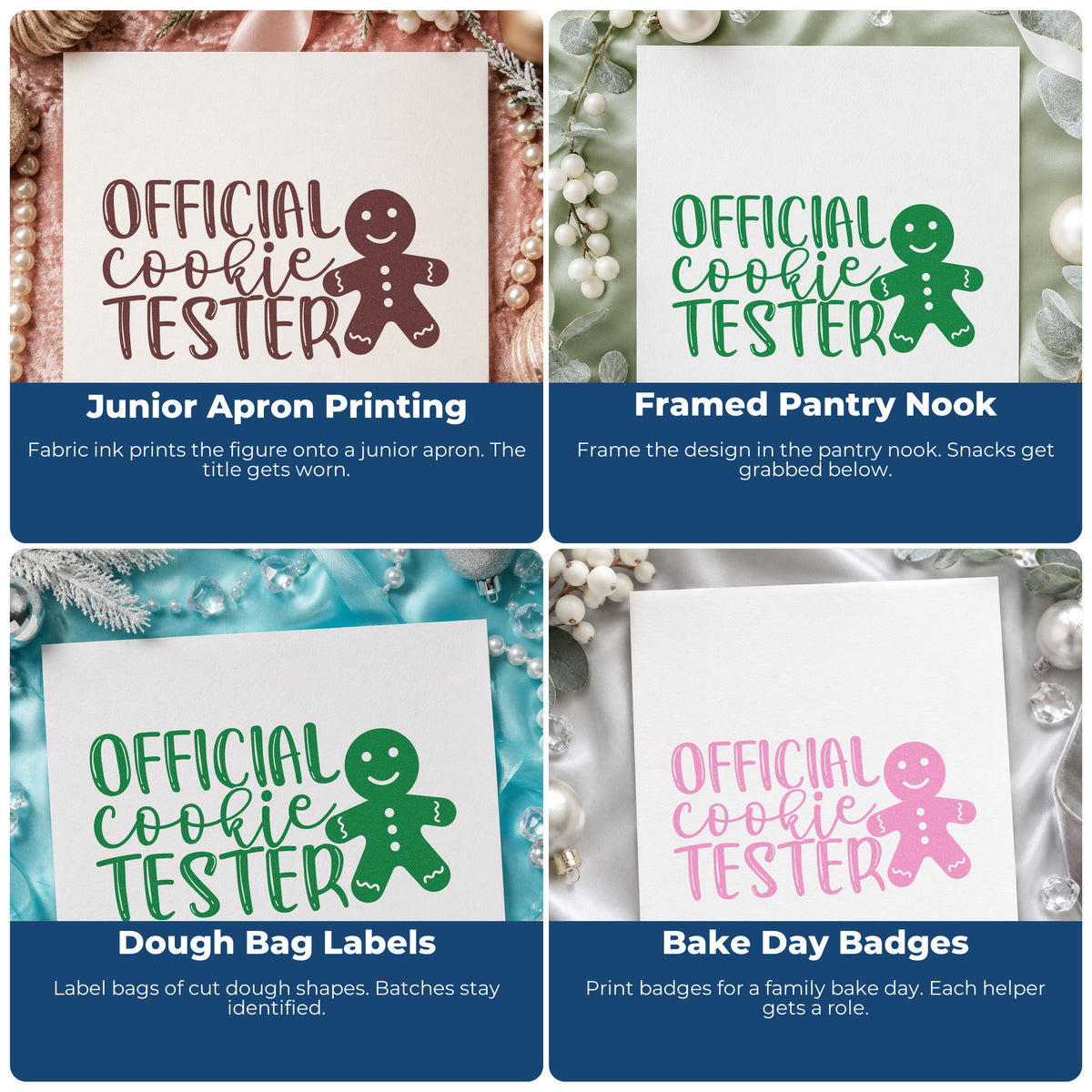 Four ways to use the Official Cookie Tester Hand Stamp – Duo: junior apron printing, framed pantry nook, dough bag labels and bake day badges.