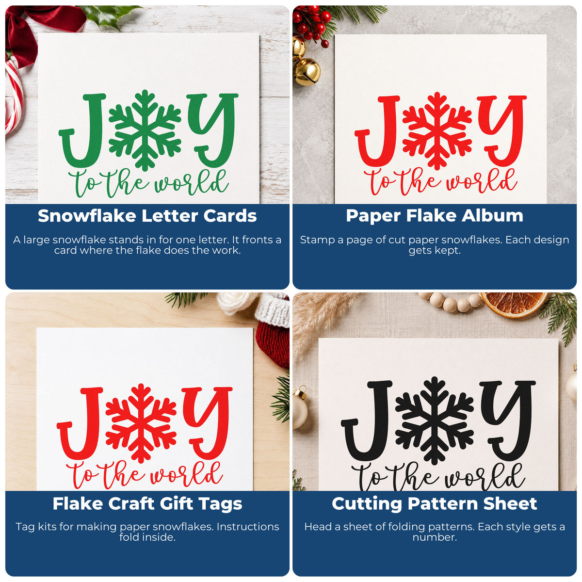 Four ways to use the Joy World Snowflake Letter Rubber Stamp – Wood Handle: snowflake letter cards, paper flake album, flake craft gift tags and cutting pattern sheet.