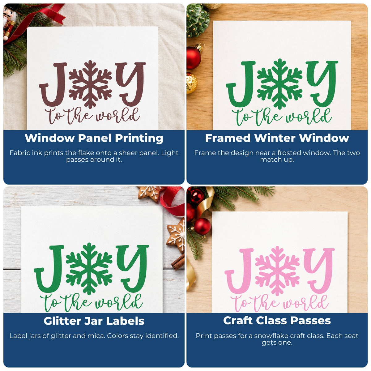 Four ways to use the Joy World Snowflake Letter Rubber Stamp – Wood Handle: window panel printing, framed winter window, glitter jar labels and craft class passes.