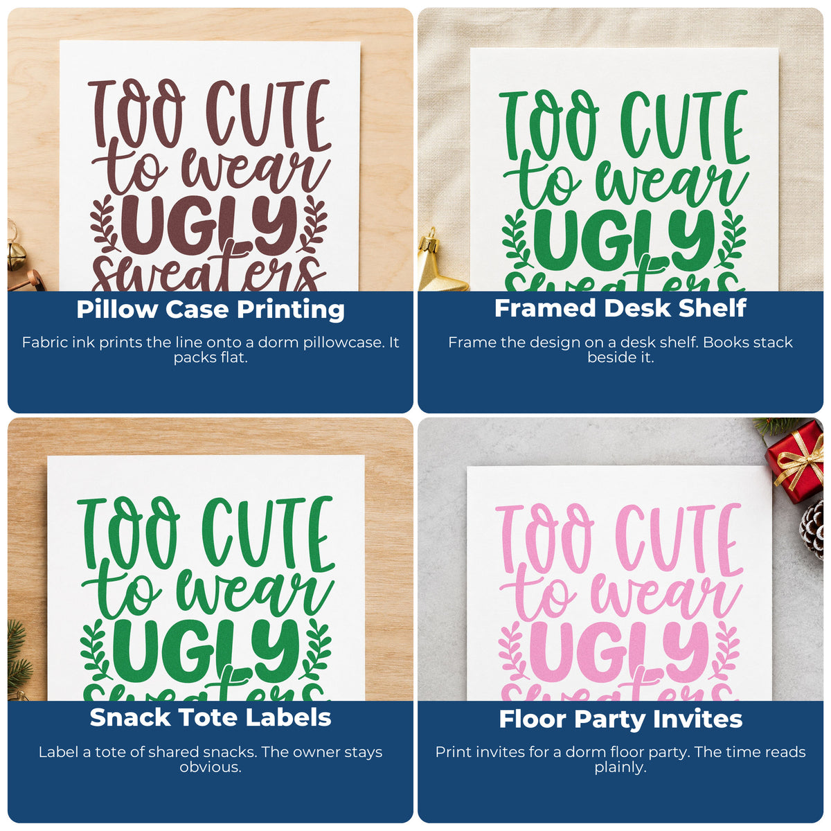 Four ways to use the Too Cute Wear Ugly Sweaters PSI Pre-Inked Stamp: pillow case printing, framed desk shelf, snack tote labels and floor party invites.