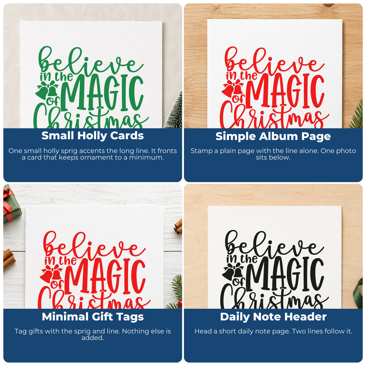 Four ways to use the Believe Magic Christmas Holly Self-Inking Stamp: small holly cards, simple album page, minimal gift tags and daily note header.