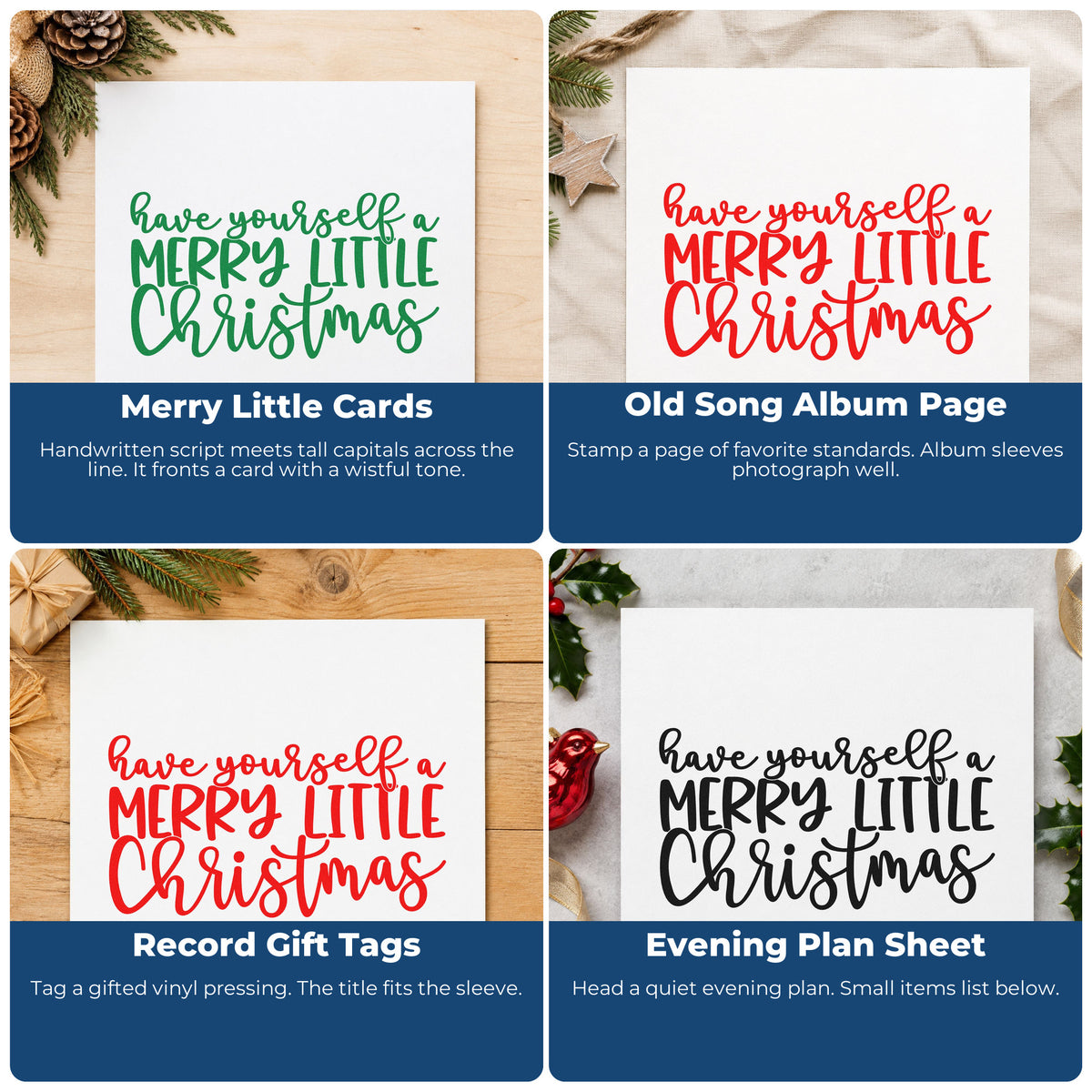 Four ways to use the Duo Hand Have Yourself Merry Little Christmas Rubber Stamp: merry little cards, old song album page, record gift tags and evening plan sheet.