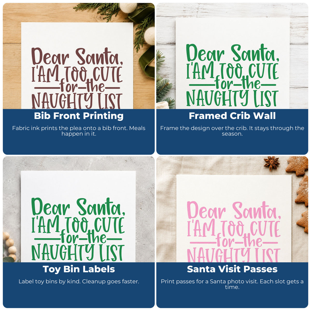 Four ways to use the Dear Santa Naughty List Word Art Self-Inking Stamp: bib front printing, framed crib wall, toy bin labels and santa visit passes.