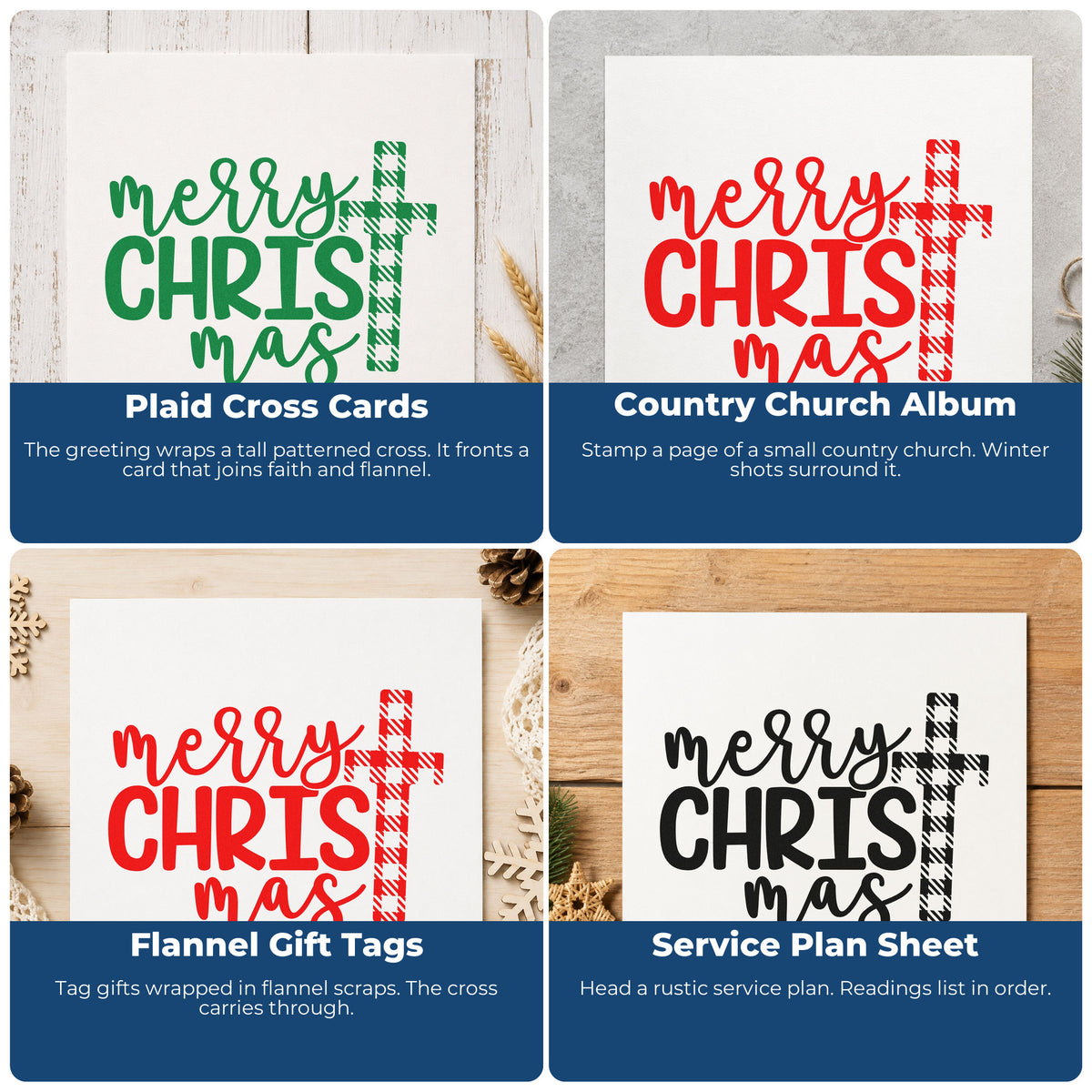 Four ways to use the Pre-Inked Merry Christmas Plaid Cross Stamp – PSI: plaid cross cards, country church album, flannel gift tags and service plan sheet.
