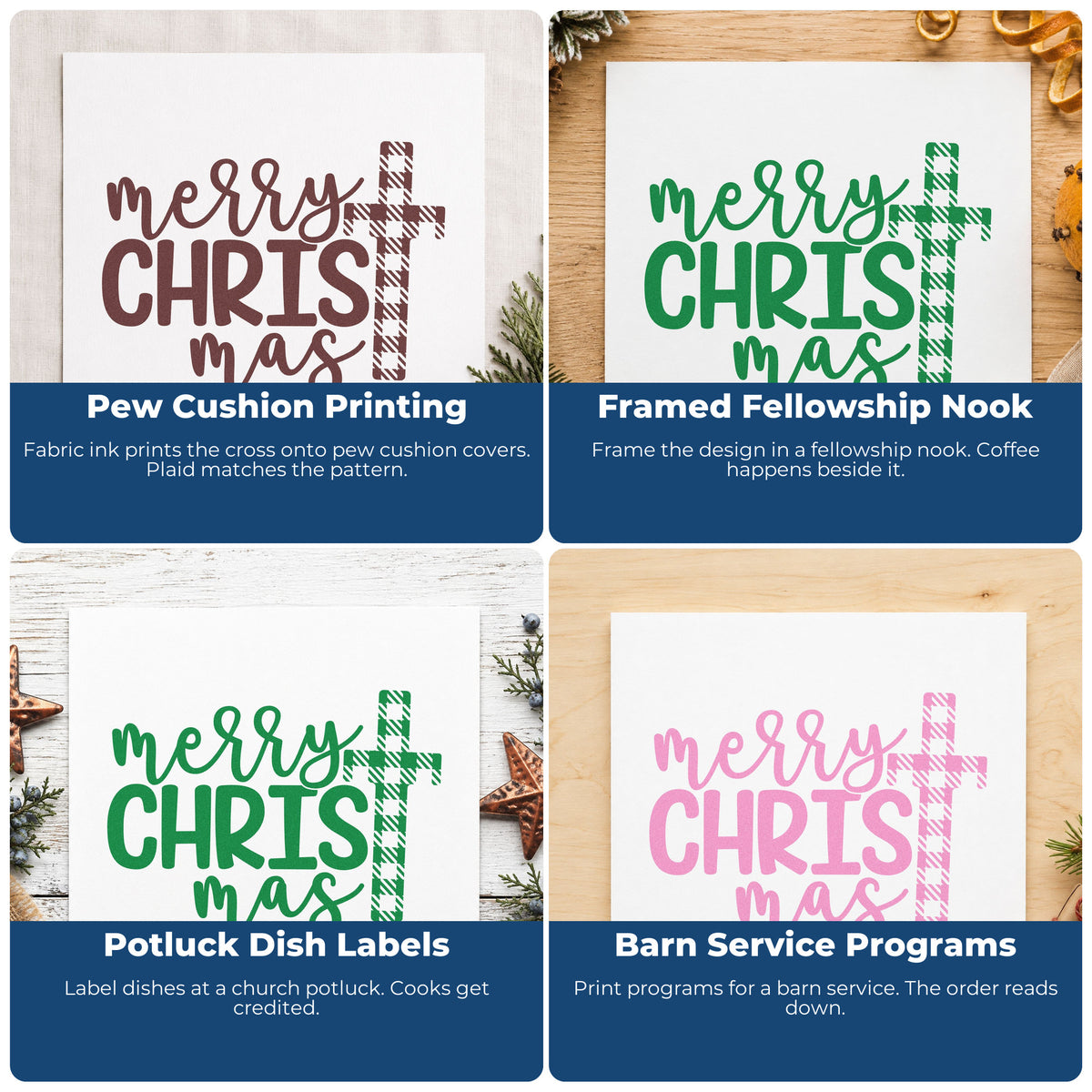 Four ways to use the Merry Christmas Plaid Cross Craft Stamp – Self-Inking: pew cushion printing, framed fellowship nook, potluck dish labels and barn service programs.