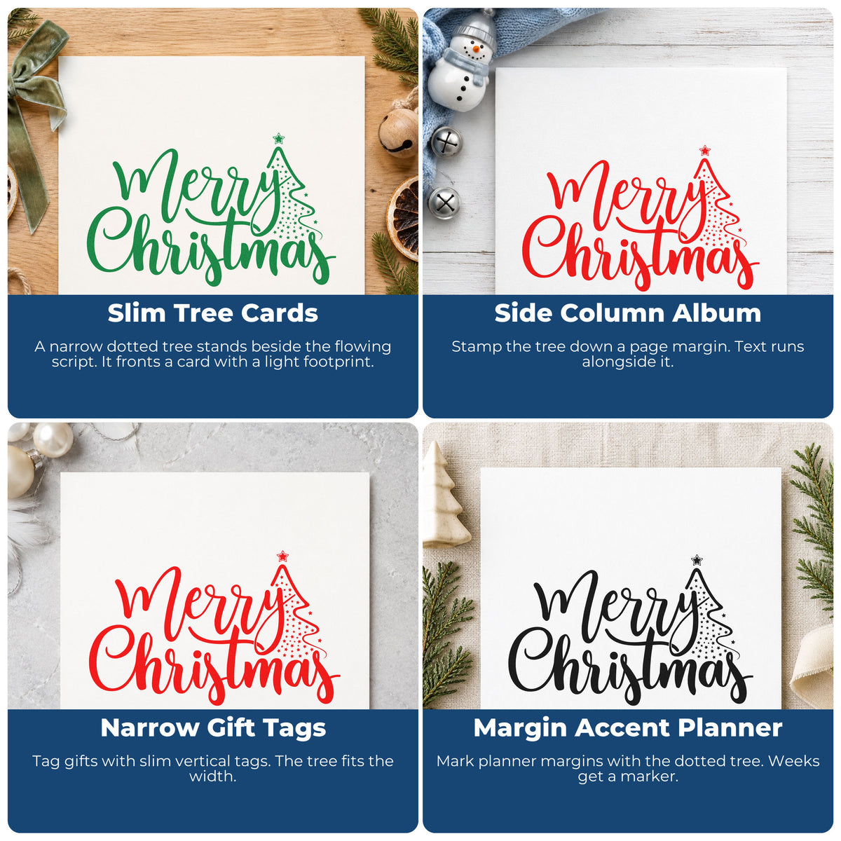 Four ways to use the Merry Christmas With Tree Script Lettering Premium Wooden Stamp - Vintage Pro: slim tree cards, side column album, narrow gift tags and margin accent planner.