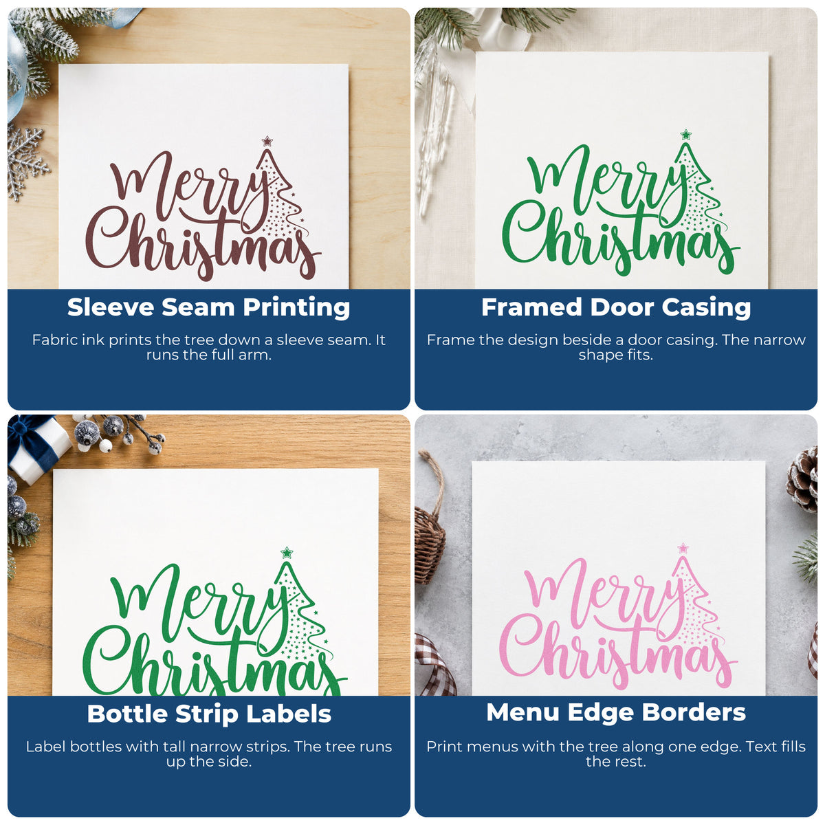 Four ways to use the Merry Christmas With Tree Script Lettering Compact Pre-Inked Stamp – Slim: sleeve seam printing, framed door casing, bottle strip labels and menu edge borders.
