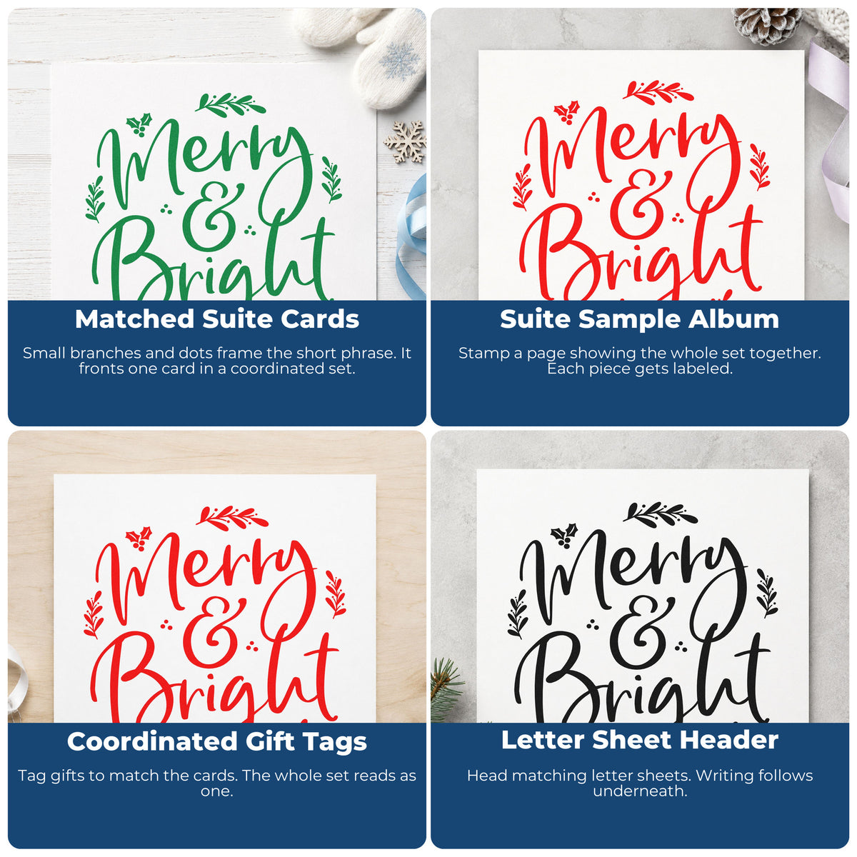 Four ways to use the PSI Pre-Inked Merry And Bright Botanical Stamp: matched suite cards, suite sample album, coordinated gift tags and letter sheet header.