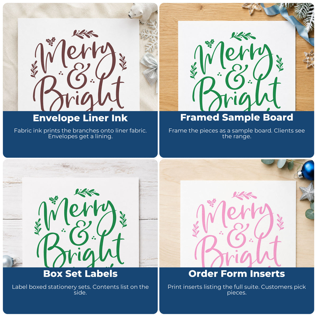Four ways to use the Merry And Bright Botanical Stamp – Self-Inking: envelope liner ink, framed sample board, box set labels and order form inserts.