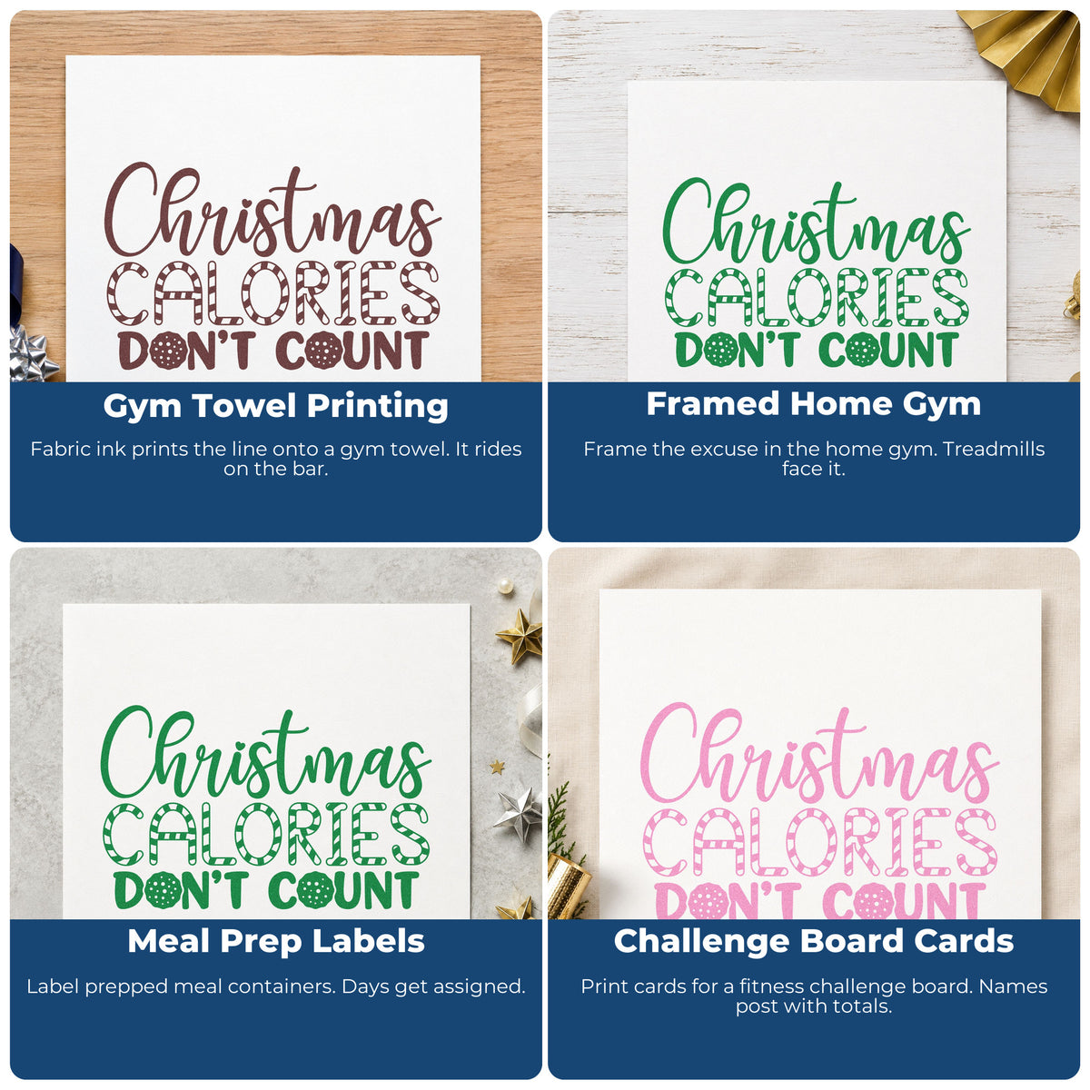 Four ways to use the Christmas Calories Don't Count Rubber Stamp – Duo Hand: gym towel printing, framed home gym, meal prep labels and challenge board cards.