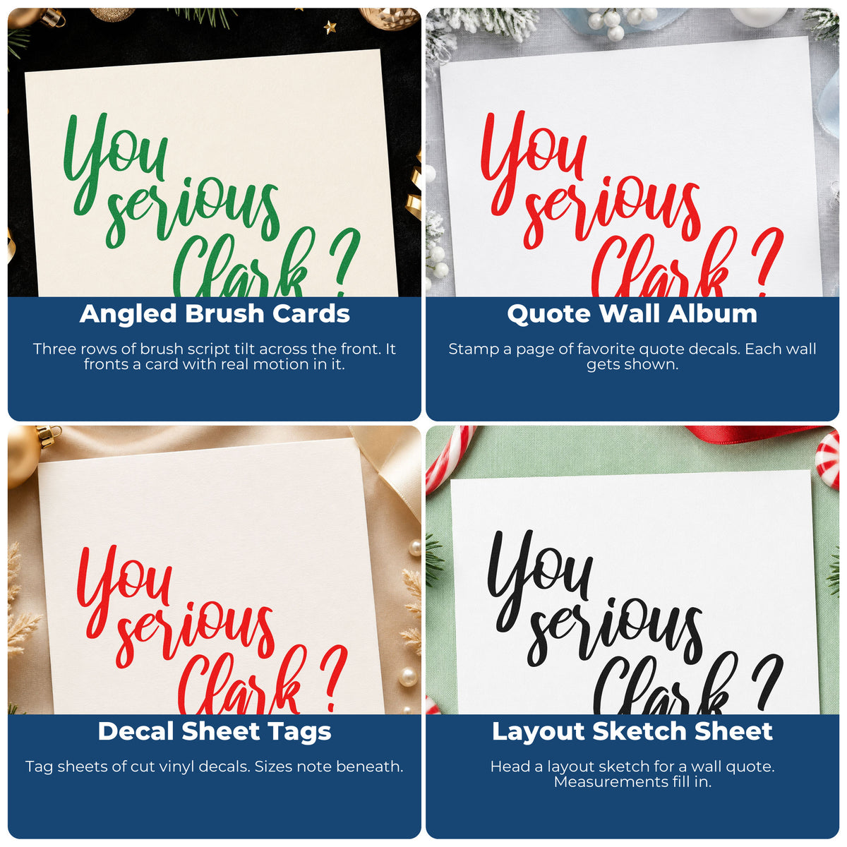 Four ways to use the You Serious Clark Script Stamp – Self-Inking: angled brush cards, quote wall album, decal sheet tags and layout sketch sheet.
