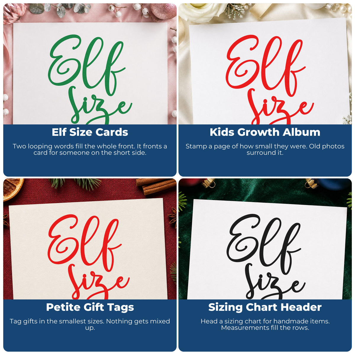 Four ways to use the Elf Size Rubber Stamp – Duo Hand: elf size cards, kids growth album, petite gift tags and sizing chart header.