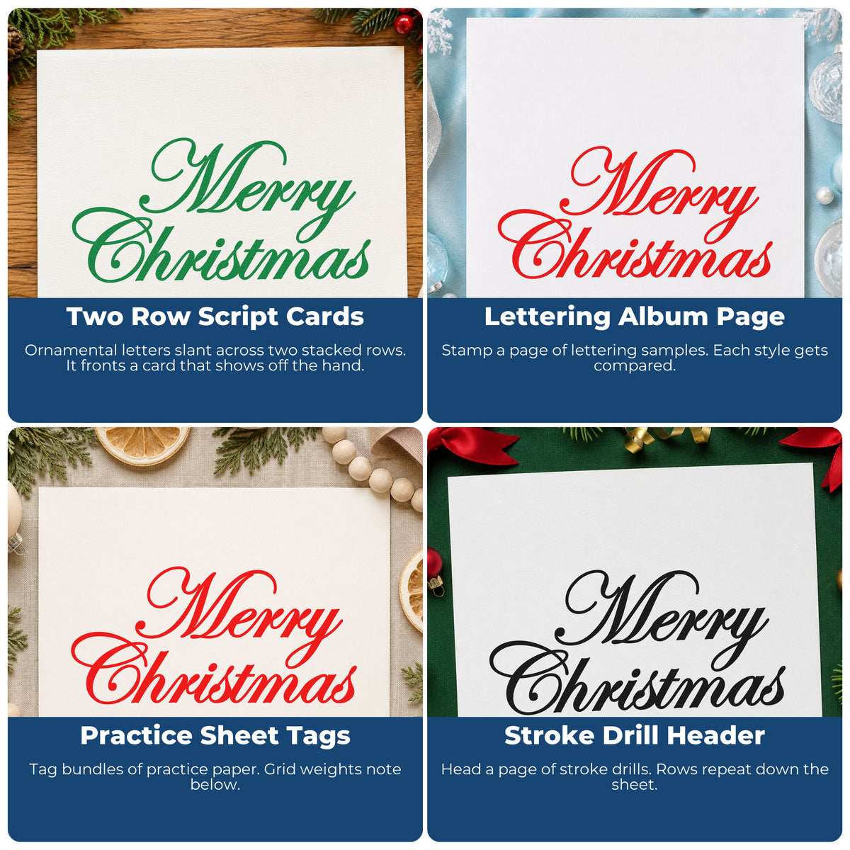 Four ways to use the Merry Christmas Elegant Script Rubber Stamp – Wood Handle: two row script cards, lettering album page, practice sheet tags and stroke drill header.
