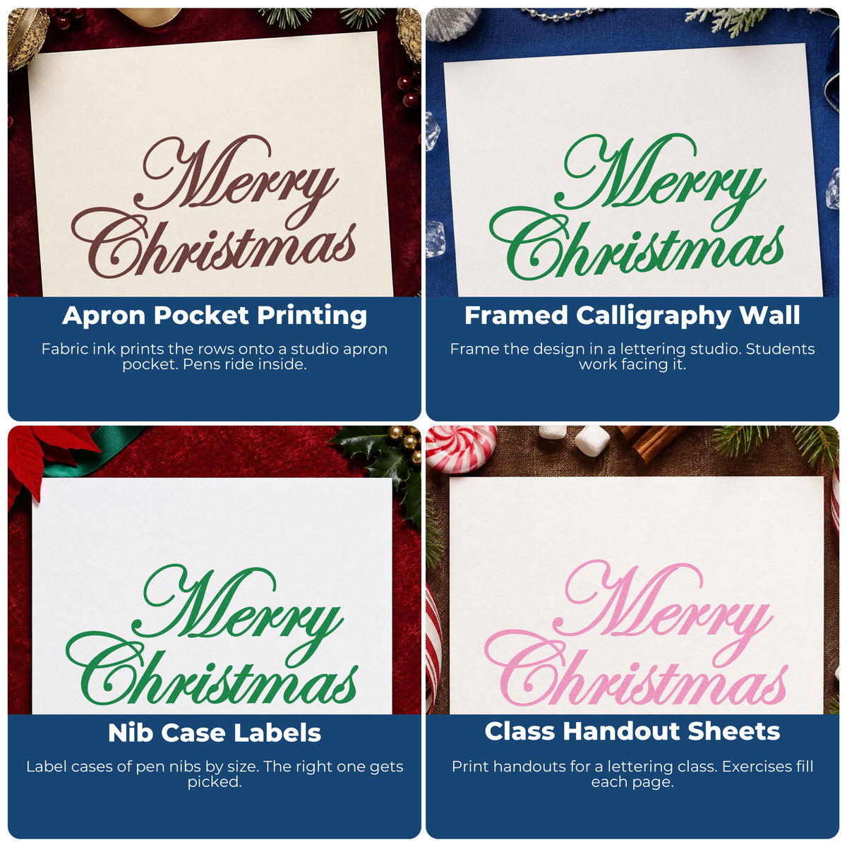 Four ways to use the Merry Christmas Elegant Script Rubber Stamp – Wood Handle: apron pocket printing, framed calligraphy wall, nib case labels and class handout sheets.