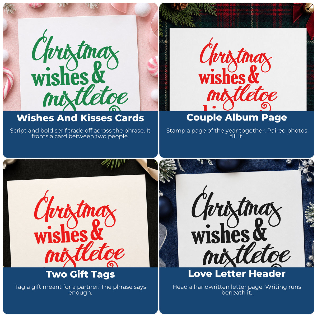 Four ways to use the Christmas Wishes Mistletoe Kisses Compact Pre-Inked Stamp – Slim: wishes and kisses cards, couple album page, two gift tags and love letter header.