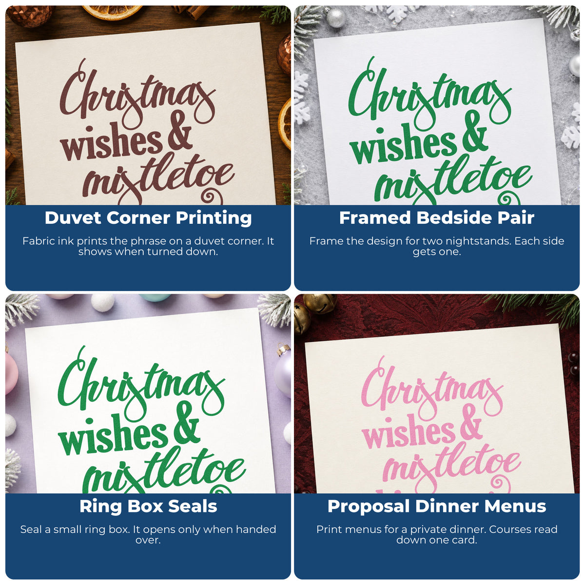 Four ways to use the Christmas Wishes Mistletoe Kisses PSI Pre-Inked Stamp: duvet corner printing, framed bedside pair, ring box seals and proposal dinner menus.