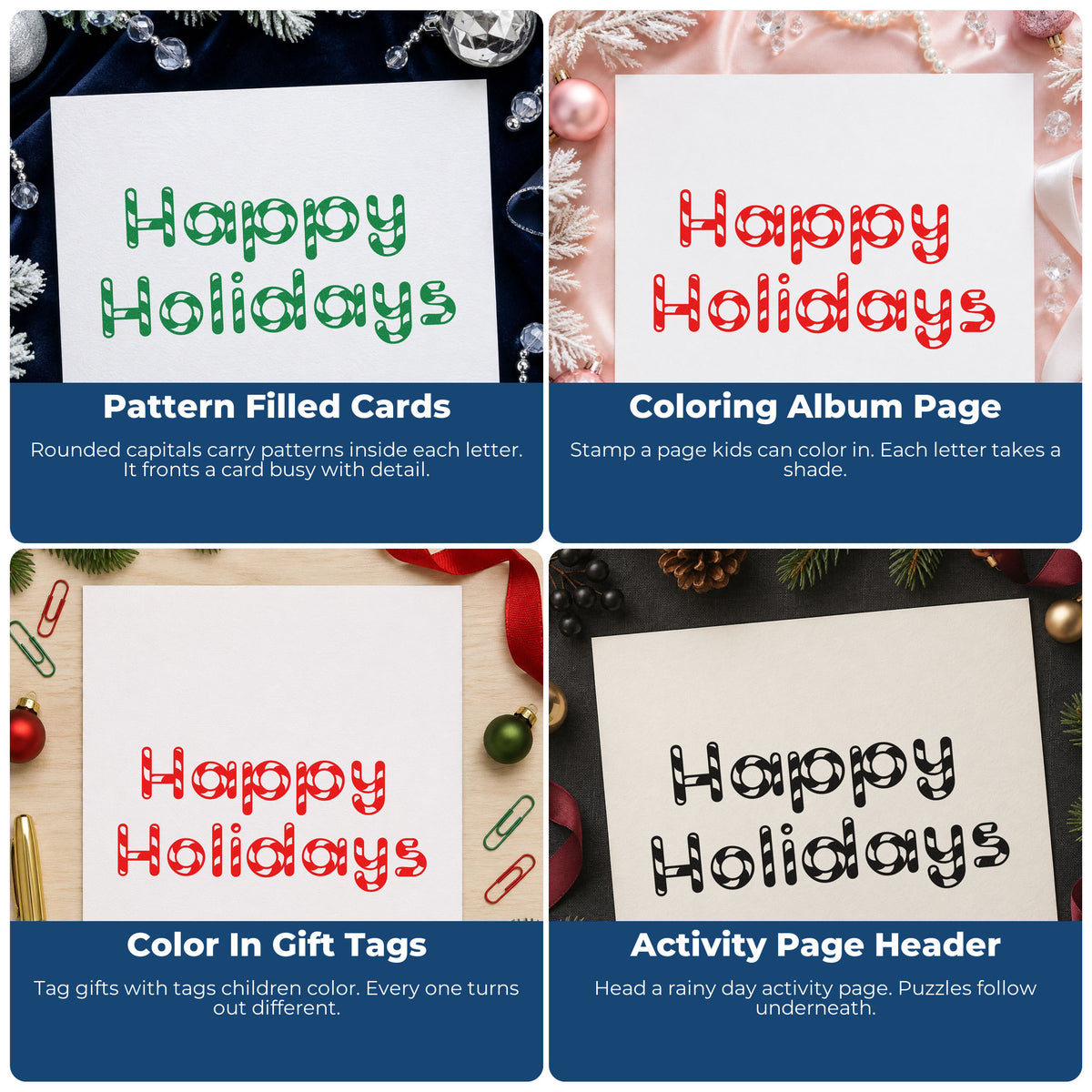 Four ways to use the Happy Holidays Patterned Letters Hand Stamp – Duo: pattern filled cards, coloring album page, color in gift tags and activity page header.