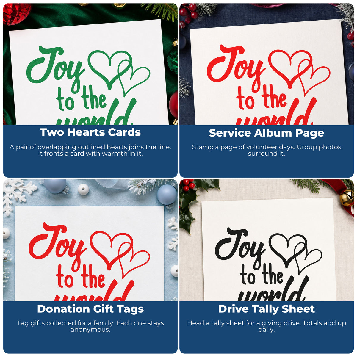 Four ways to use the Joy To The World Pre-Inked Stamp – Slim: two hearts cards, service album page, donation gift tags and drive tally sheet.
