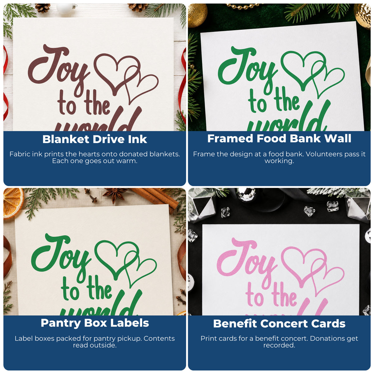 Four ways to use the Joy To The World Pre-Inked Stamp – Slim: blanket drive ink, framed food bank wall, pantry box labels and benefit concert cards.
