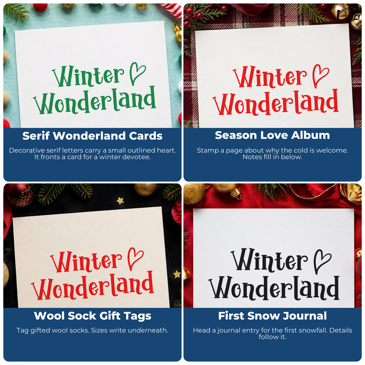 Four ways to use the Winter Wonderland Heart Pre-Inked Stamp – Slim: serif wonderland cards, season love album, wool sock gift tags and first snow journal.