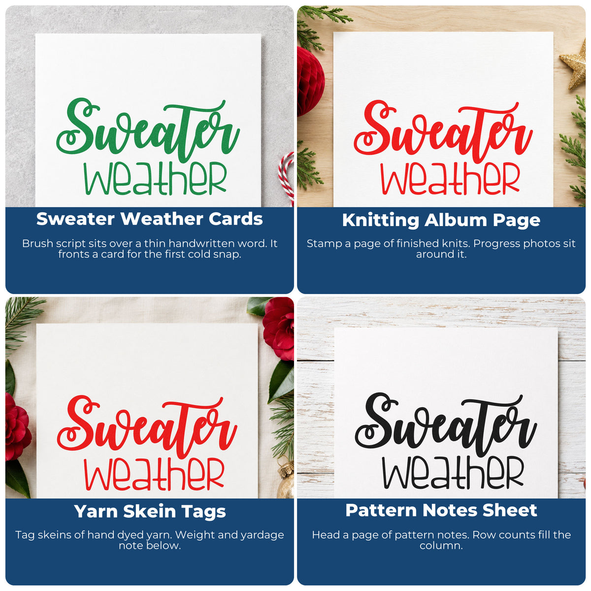 Four ways to use the Sweater Weather Script Lettering Self-Inking Stamp: sweater weather cards, knitting album page, yarn skein tags and pattern notes sheet.