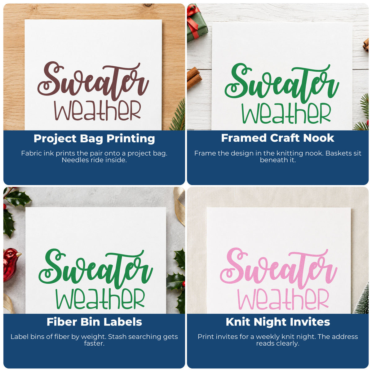 Four ways to use the Sweater Weather Script Lettering Self-Inking Stamp: project bag printing, framed craft nook, fiber bin labels and knit night invites.