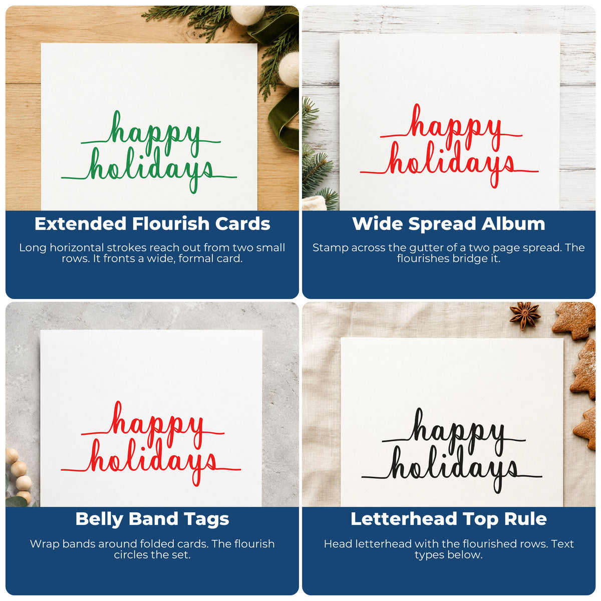 Four ways to use the Happy Holidays Underlined Script Lettering Self-Inking Stamp: extended flourish cards, wide spread album, belly band tags and letterhead top rule.