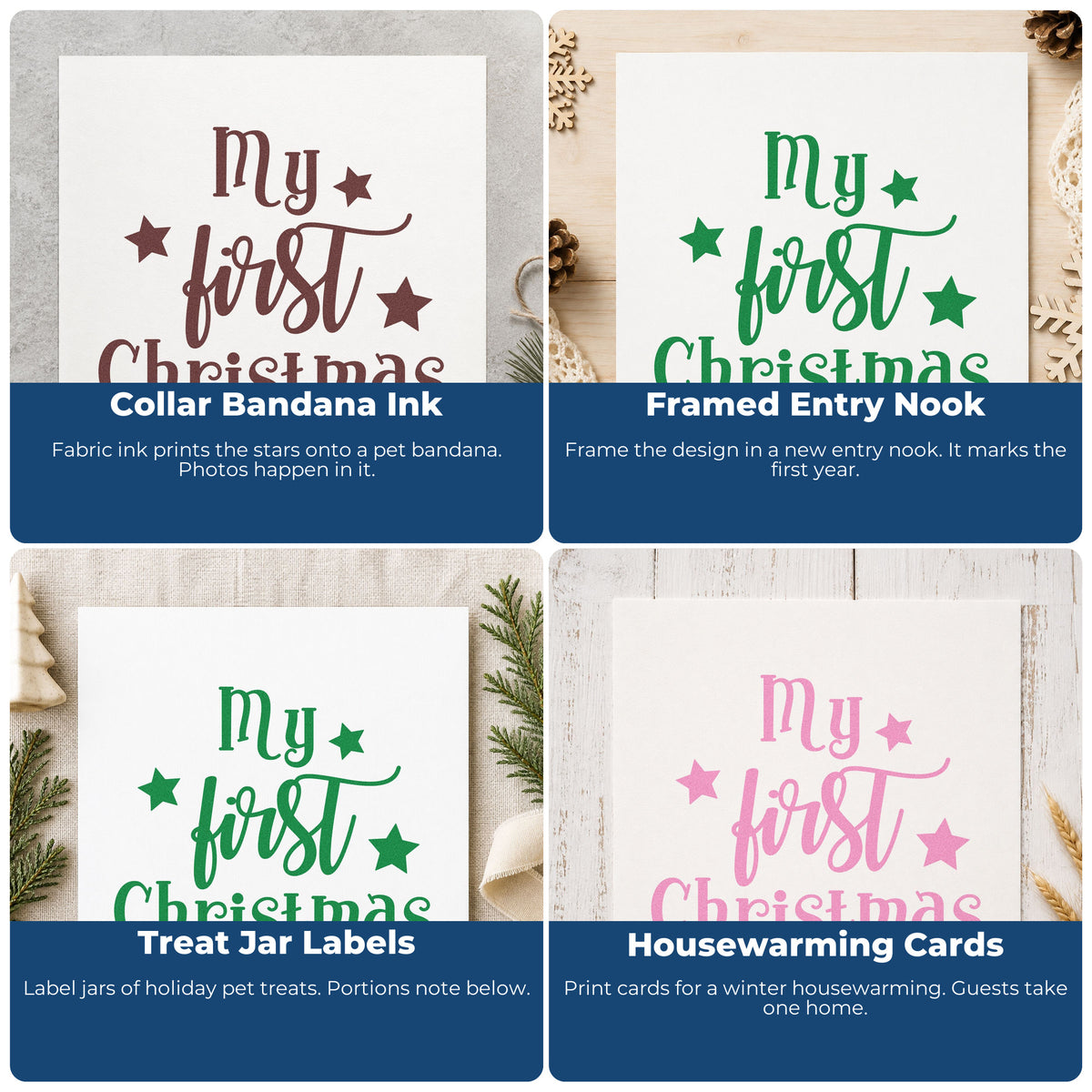 Four ways to use the My First Christmas Stars Slim Pre-Inked Stamp: collar bandana ink, framed entry nook, treat jar labels and housewarming cards.
