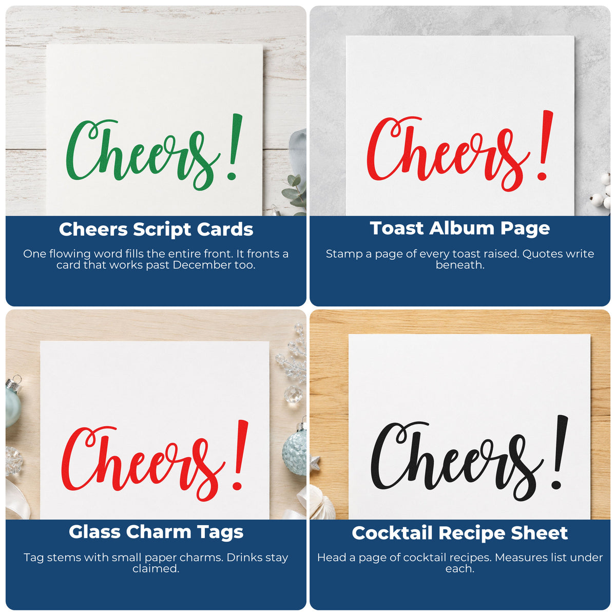 Four ways to use the Cheers Flowing Script Lettering Rubber Stamp – Wood Handle: cheers script cards, toast album page, glass charm tags and cocktail recipe sheet.
