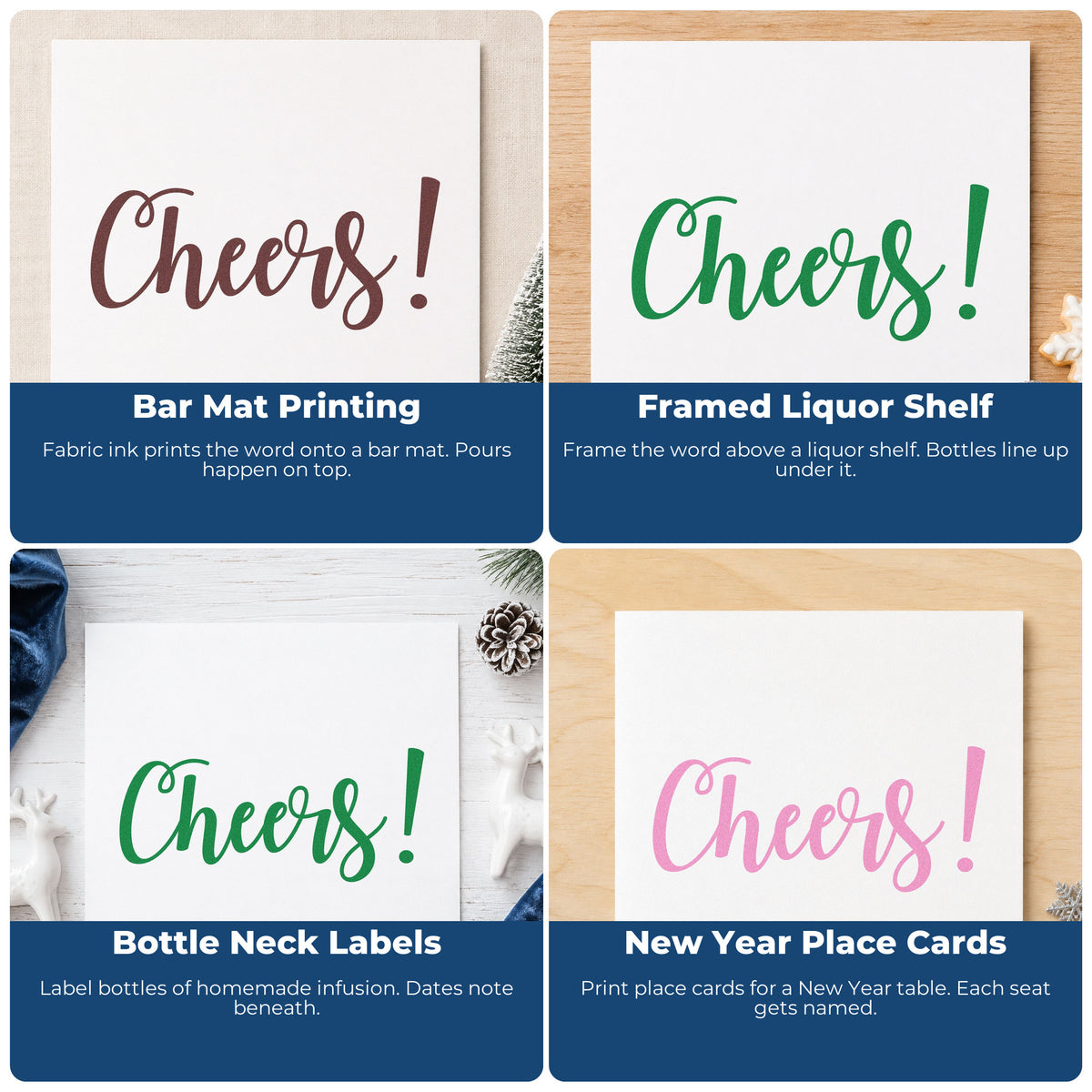 Four ways to use the Cheers Flowing Script Lettering Rubber Stamp – Wood Handle: bar mat printing, framed liquor shelf, bottle neck labels and new year place cards.