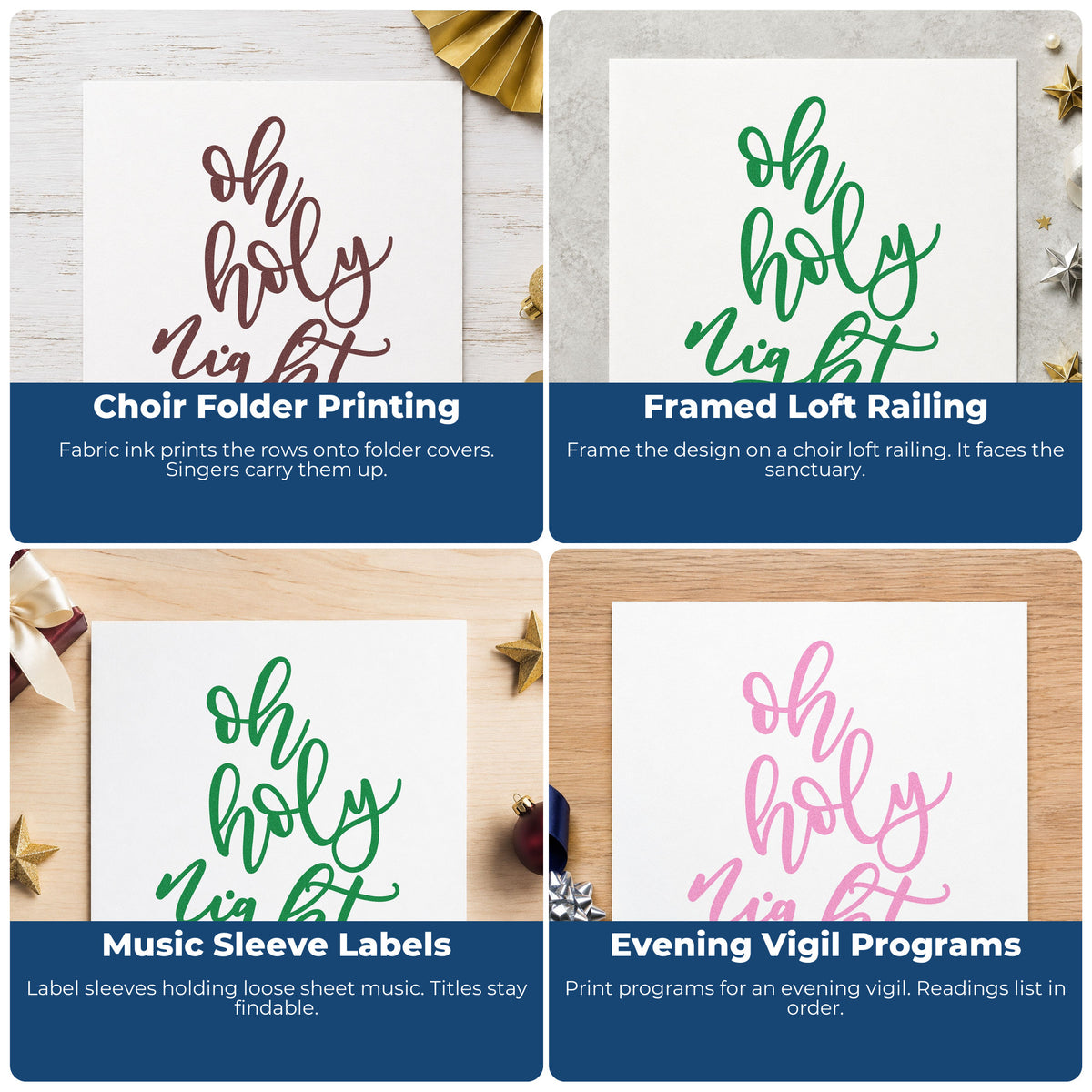 Four ways to use the Oh Holy Night Script Rubber Stamp – Wood Handle: choir folder printing, framed loft railing, music sleeve labels and evening vigil programs.