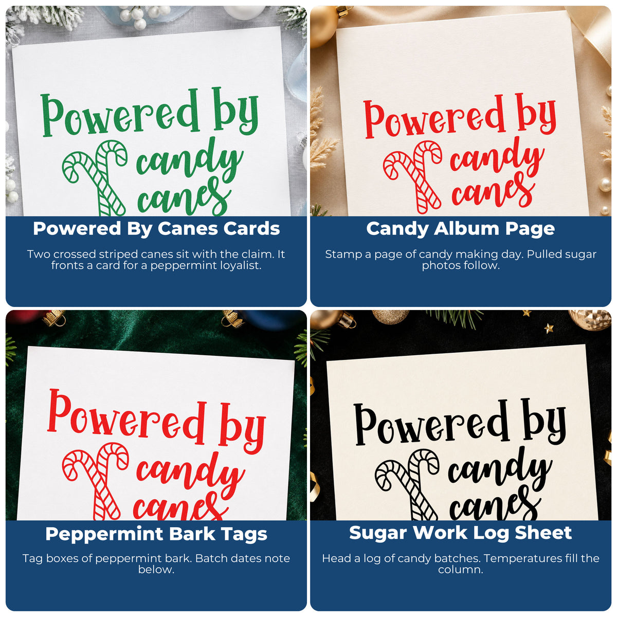 Four ways to use the Powered By Candy Canes Craft Stamp – Self-Inking: powered by canes cards, candy album page, peppermint bark tags and sugar work log sheet.