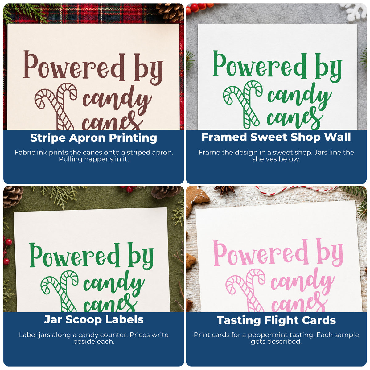 Four ways to use the Powered By Candy Canes Craft Stamp – Self-Inking: stripe apron printing, framed sweet shop wall, jar scoop labels and tasting flight cards.