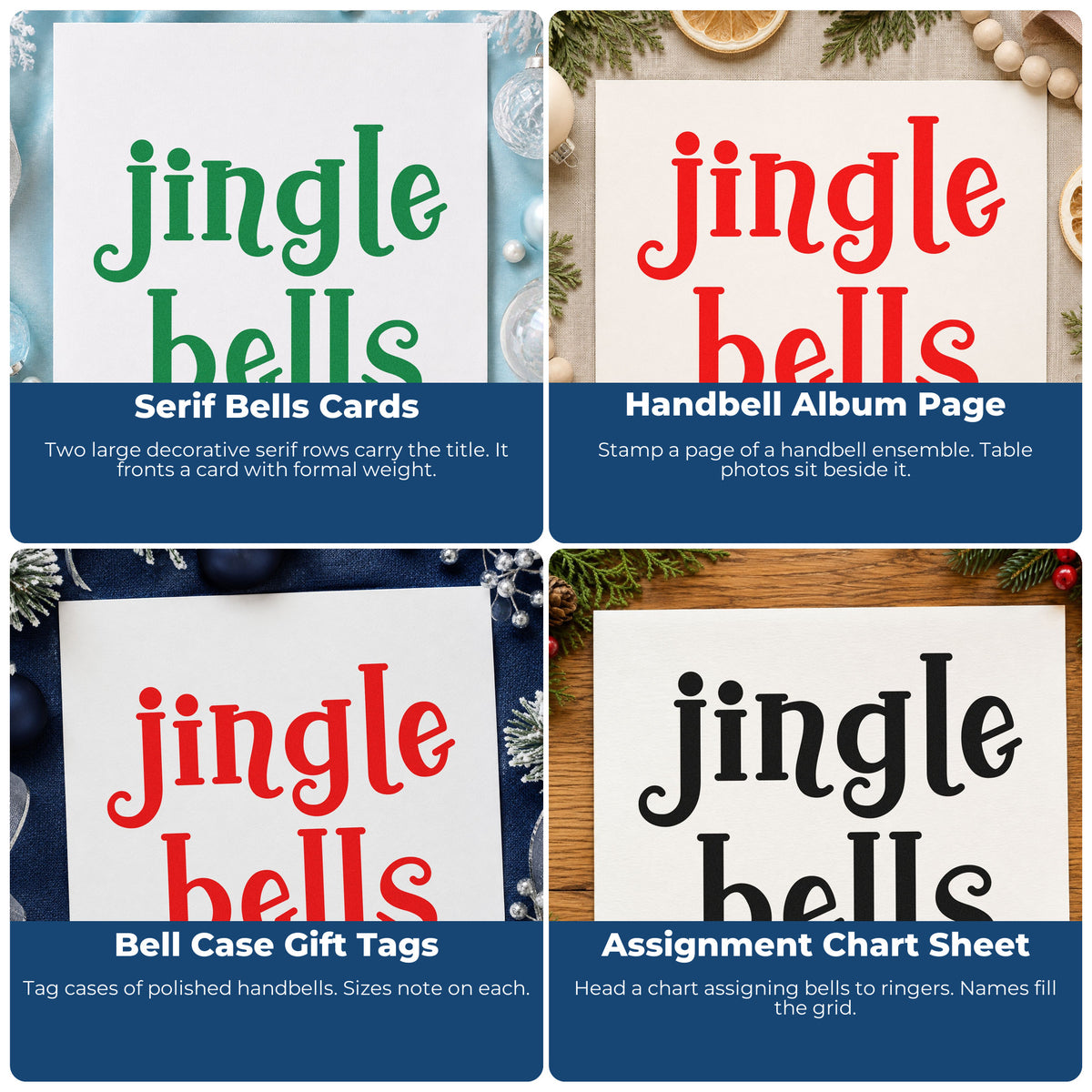 Four ways to use the Jingle Bells Serif Slim Pre-Inked Stamp: serif bells cards, handbell album page, bell case gift tags and assignment chart sheet.