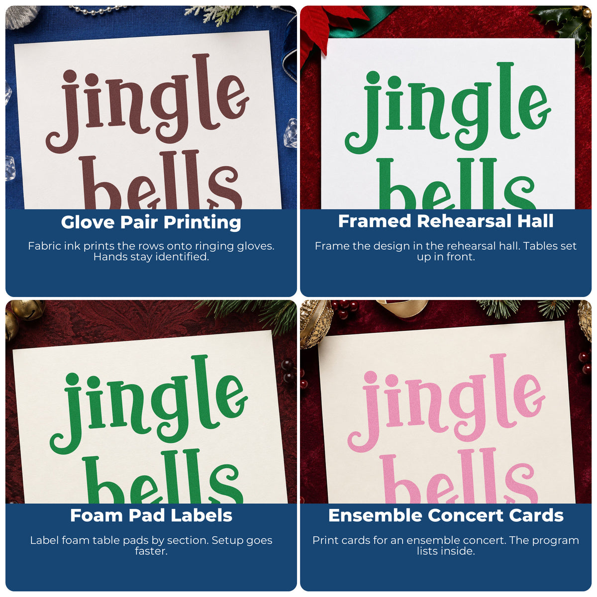 Four ways to use the Jingle Bells Serif Stamp – Self-Inking: glove pair printing, framed rehearsal hall, foam pad labels and ensemble concert cards.