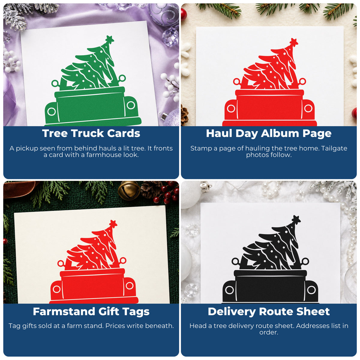 Four ways to use the Pickup Truck Christmas Tree PSI Pre-Inked Stamp: tree truck cards, haul day album page, farmstand gift tags and delivery route sheet.