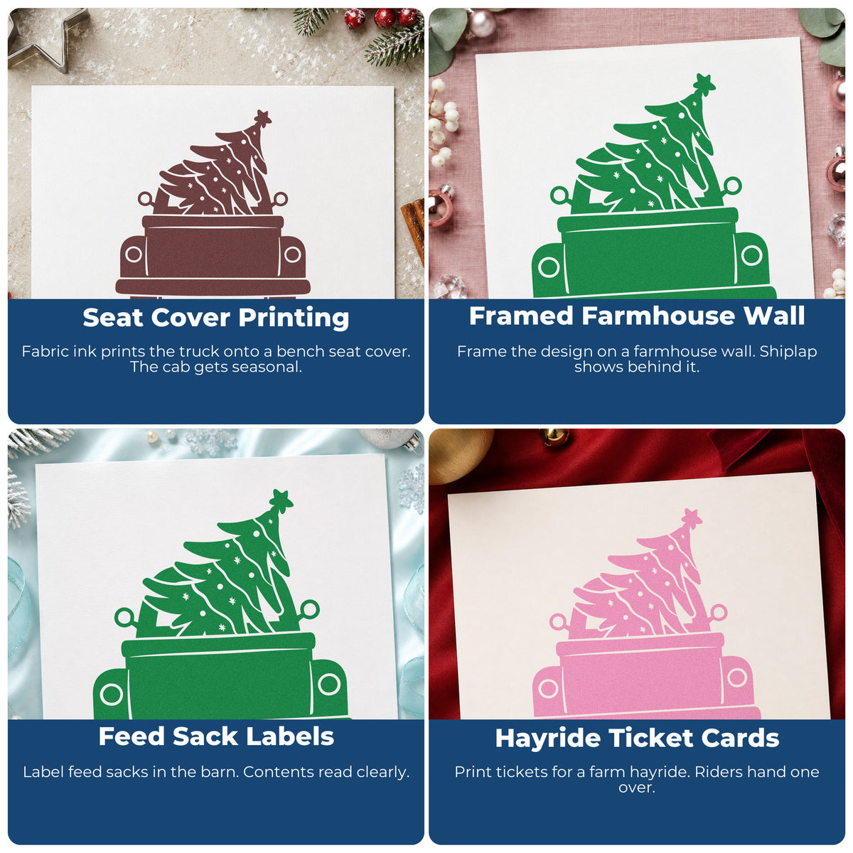 Four ways to use the Pickup Truck Christmas Tree Pre-Inked Stamp – Slim: seat cover printing, framed farmhouse wall, feed sack labels and hayride ticket cards.