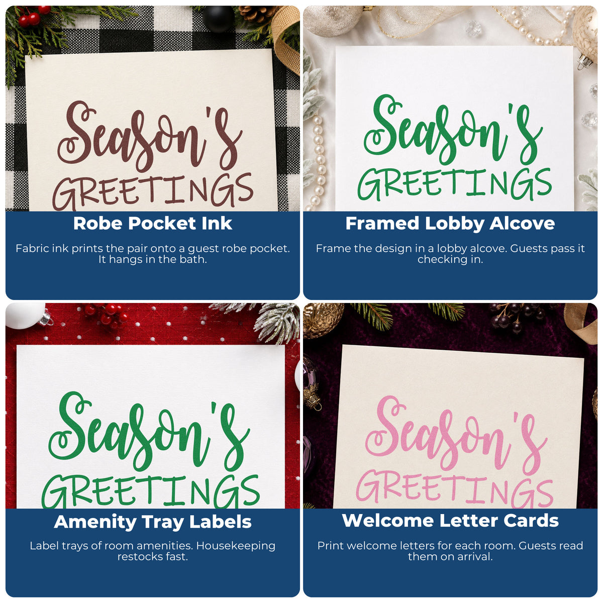 Four ways to use the Season's Greetings Mixed Word Art Rubber Stamp – Wood Handle: robe pocket ink, framed lobby alcove, amenity tray labels and welcome letter cards.
