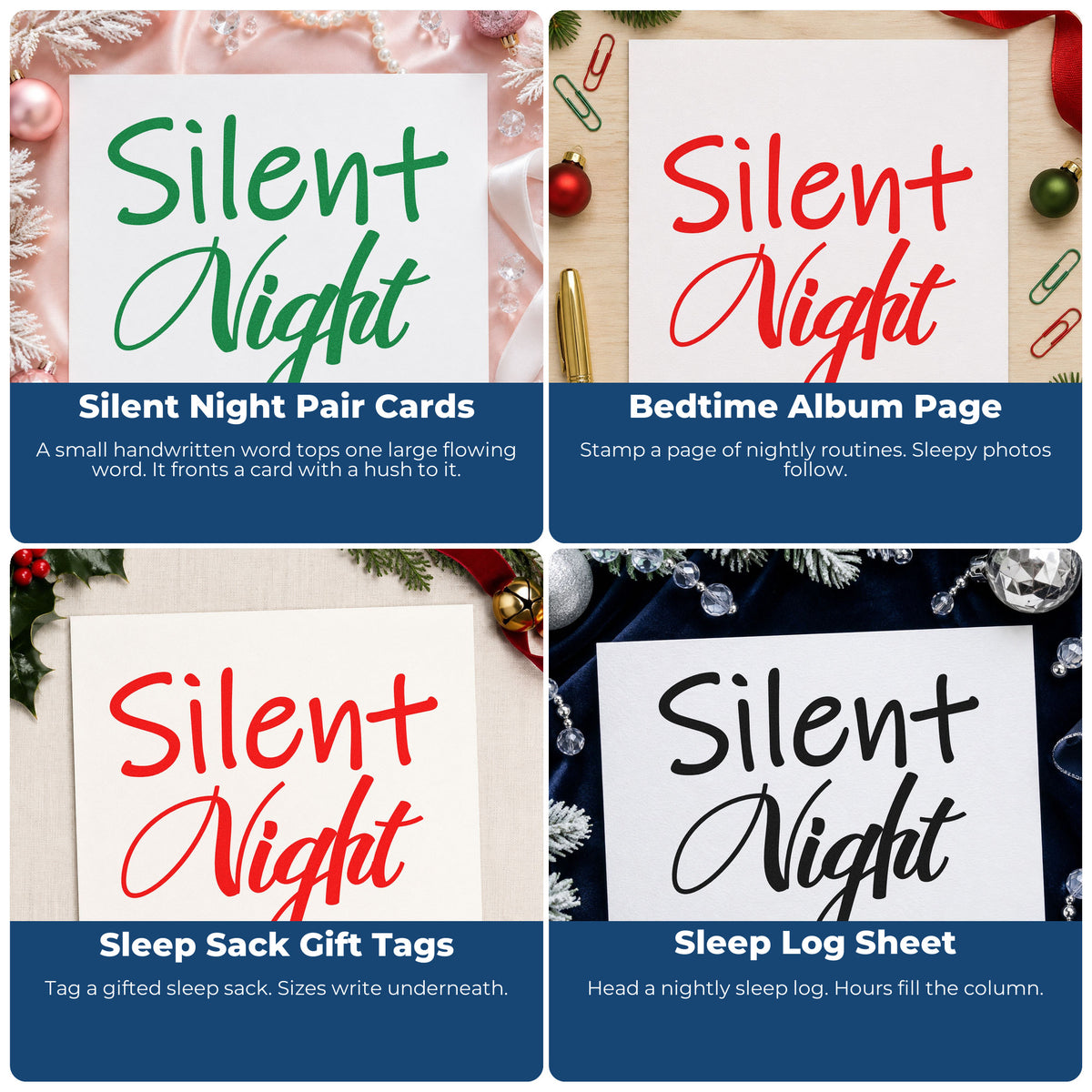 Four ways to use the Silent Night Mixed Script Pre-Inked Stamp – Slim: silent night pair cards, bedtime album page, sleep sack gift tags and sleep log sheet.