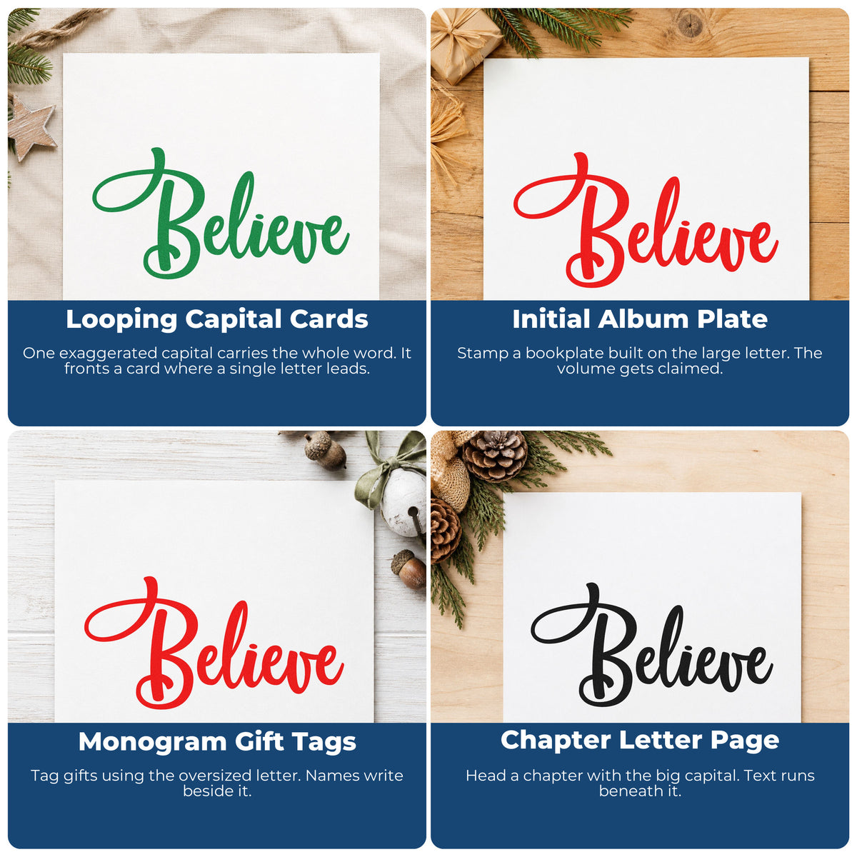 Four ways to use the Believe Bold Script Duo Hand Stamp: looping capital cards, initial album plate, monogram gift tags and chapter letter page.