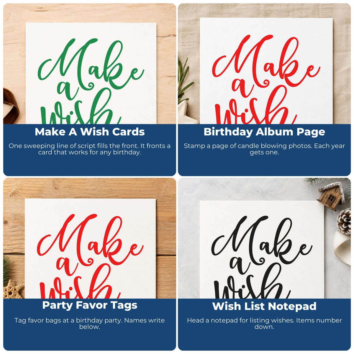 Four ways to use the Make A Wish Lettering Flourish Rubber Stamp – Duo Hand: make a wish cards, birthday album page, party favor tags and wish list notepad.