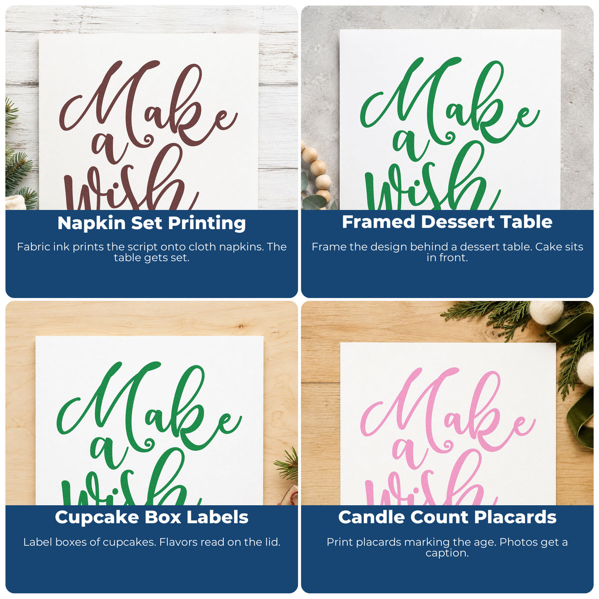 Four ways to use the Make A Wish Lettering Flourish Rubber Stamp – Duo Hand: napkin set printing, framed dessert table, cupcake box labels and candle count placards.