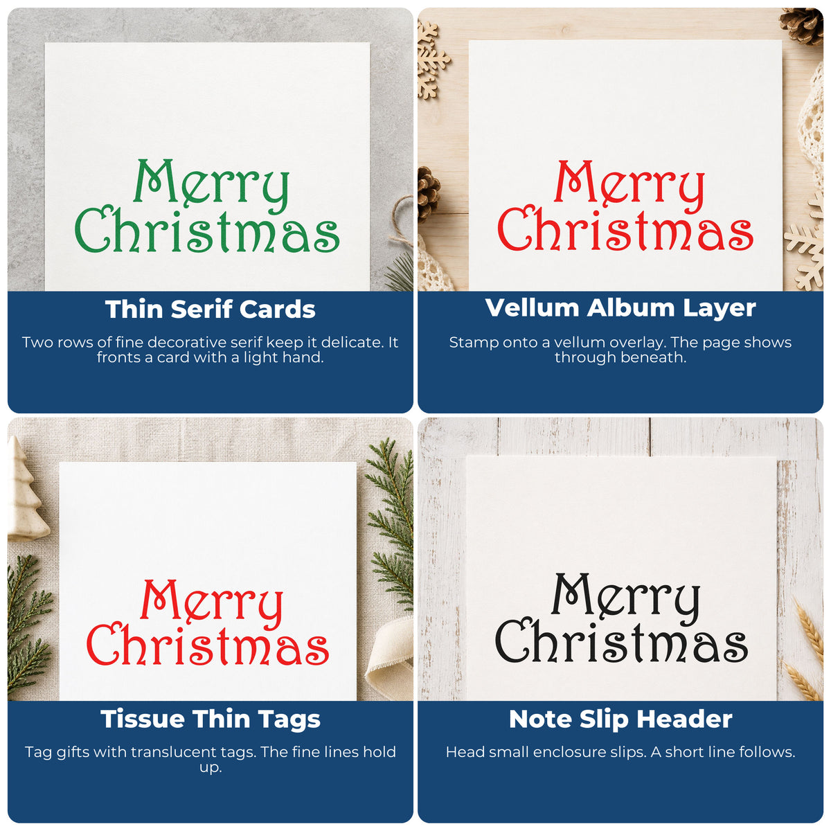 Four ways to use the Merry Christmas Thin Serif PSI Pre-Inked Stamp: thin serif cards, vellum album layer, tissue thin tags and note slip header.