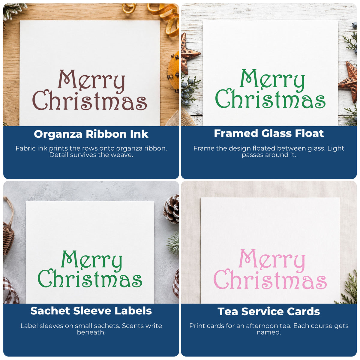 Four ways to use the Merry Christmas Thin Serif PSI Pre-Inked Stamp: organza ribbon ink, framed glass float, sachet sleeve labels and tea service cards.