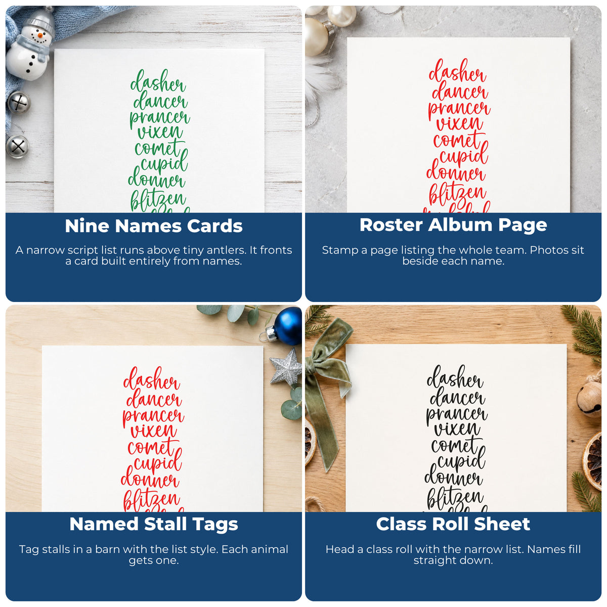 Four ways to use the Self-Inking Santa Reindeer Names List Antlers Stamp: nine names cards, roster album page, named stall tags and class roll sheet.